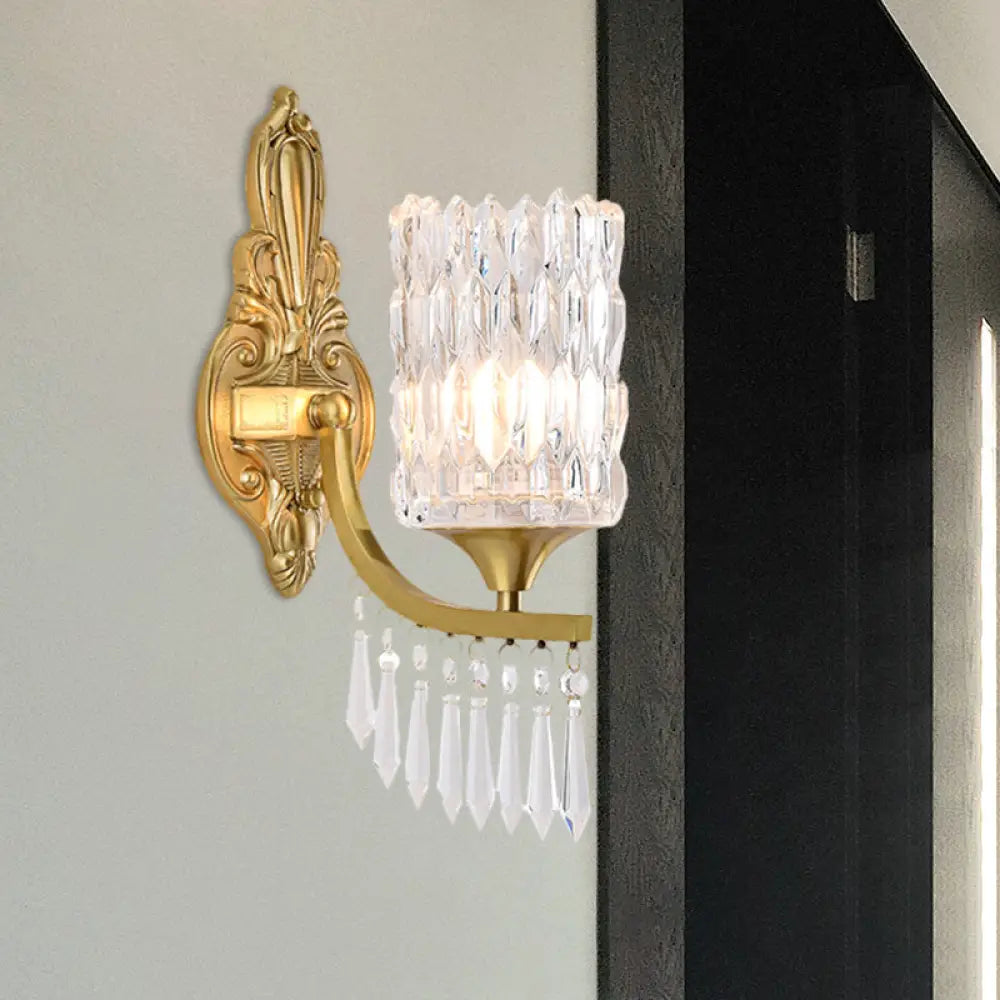 DecorBites™ Postmodern Gold Column Wall Lamp with Clear Crystal Shade - Elegant Single Bulb Wall Lighting Fixture with Droplet Accent