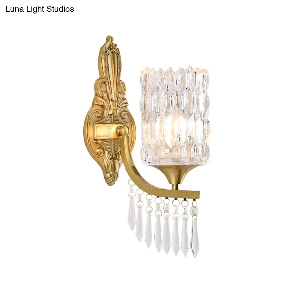 DecorBites™ Postmodern Gold Column Wall Lamp with Clear Crystal Shade - Elegant Single Bulb Wall Lighting Fixture with Droplet Accent
