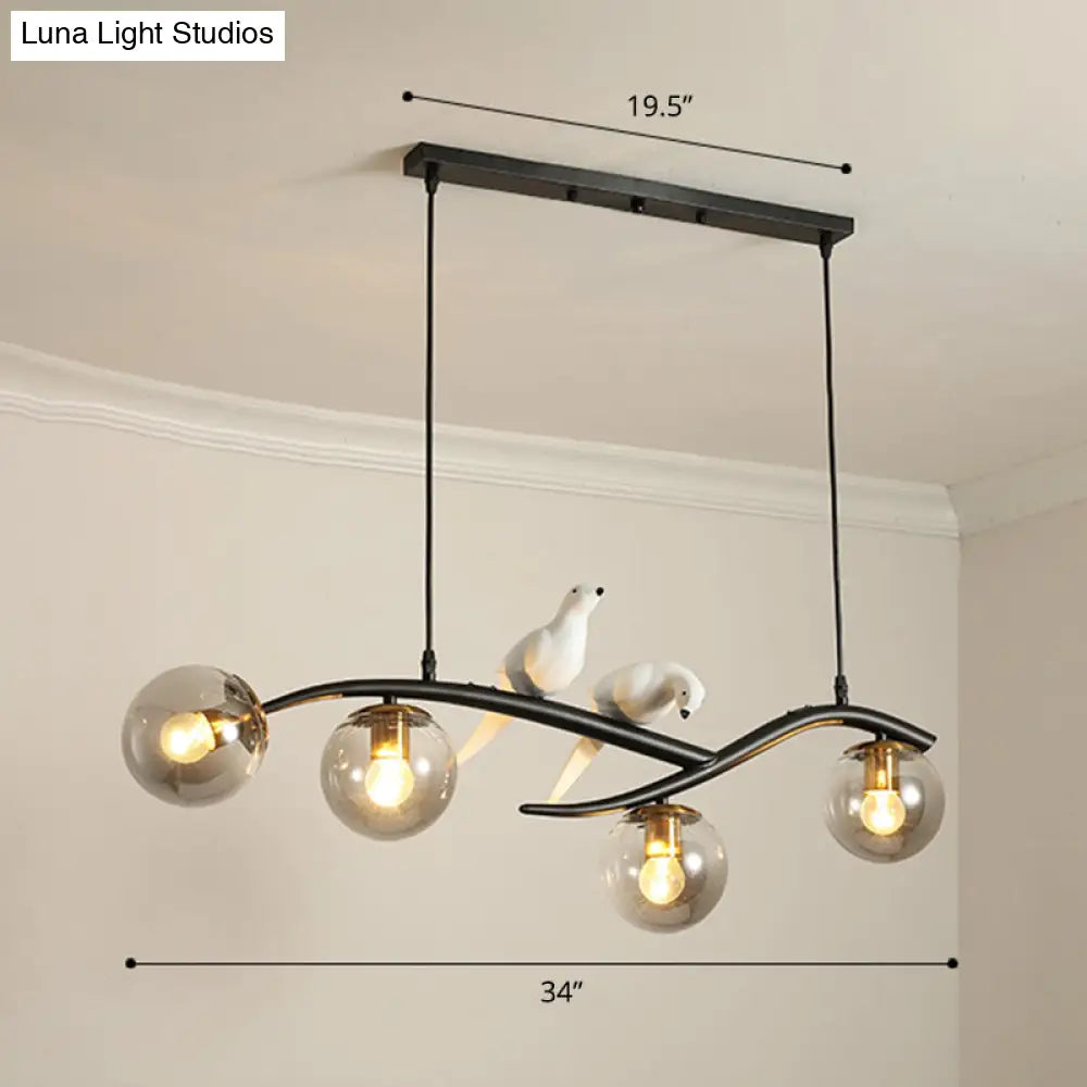 DecorBites™ Postmodern Island Lamp Tree Branch Hanging Light with Glass Shades and Bird Deco – 4-Bulb Design