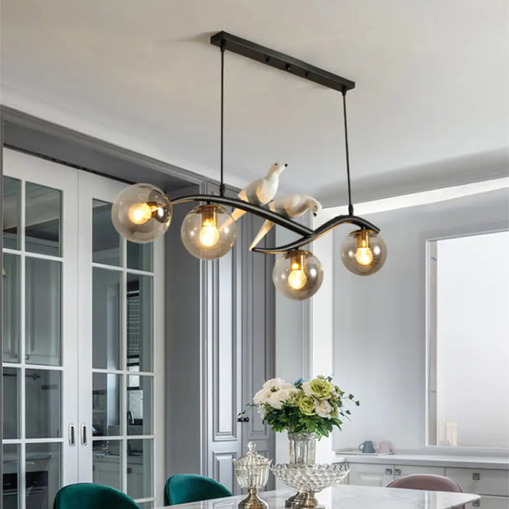 DecorBites™ Postmodern Island Lamp Tree Branch Hanging Light with Glass Shades and Bird Deco – 4-Bulb Design