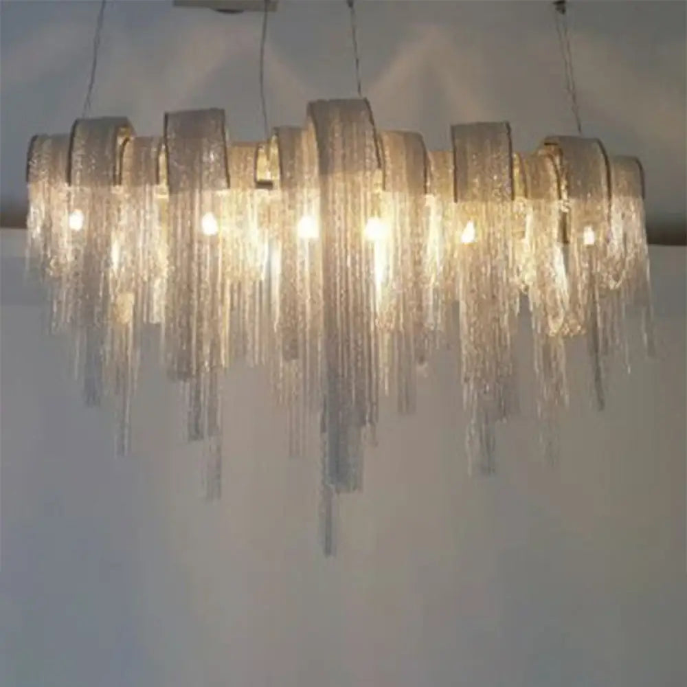 DecorBites™ Postmodern Silver Lobby Chandelier: Arch Aluminum Chain, 12-Bulb Suspension Light