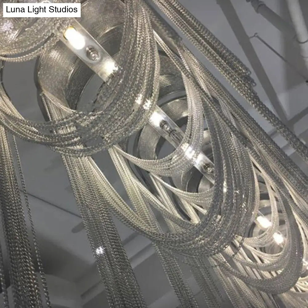 DecorBites™ Postmodern Silver Lobby Chandelier: Arch Aluminum Chain, 12-Bulb Suspension Light