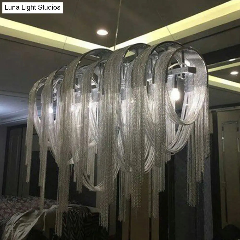 DecorBites™ Postmodern Silver Lobby Chandelier: Arch Aluminum Chain, 12-Bulb Suspension Light