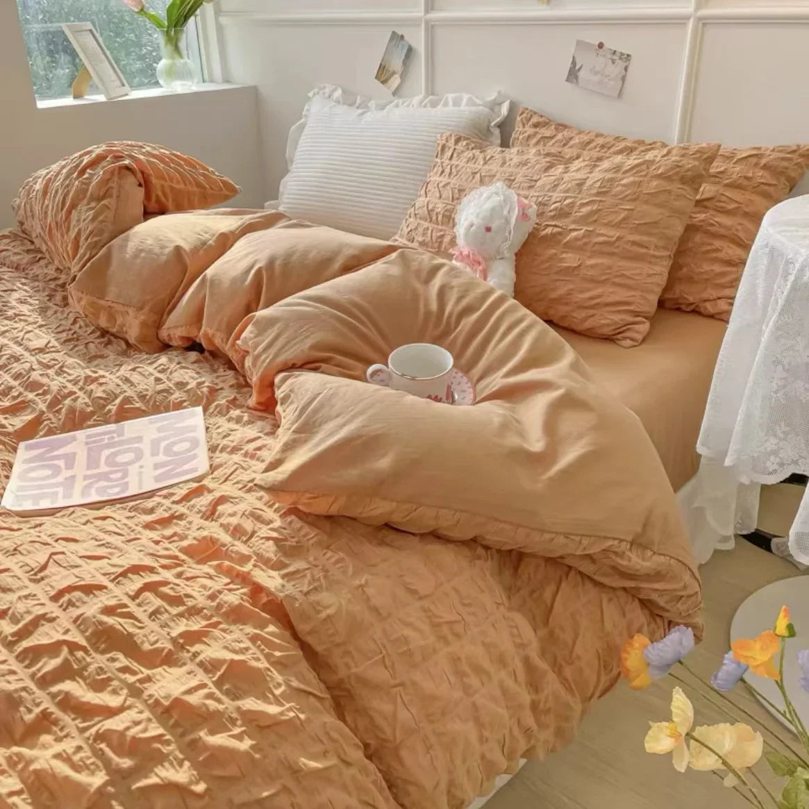 DecorBites™ Princess Bedding Set - French Style Wash Cotton, Solid Color Summer Soft Set