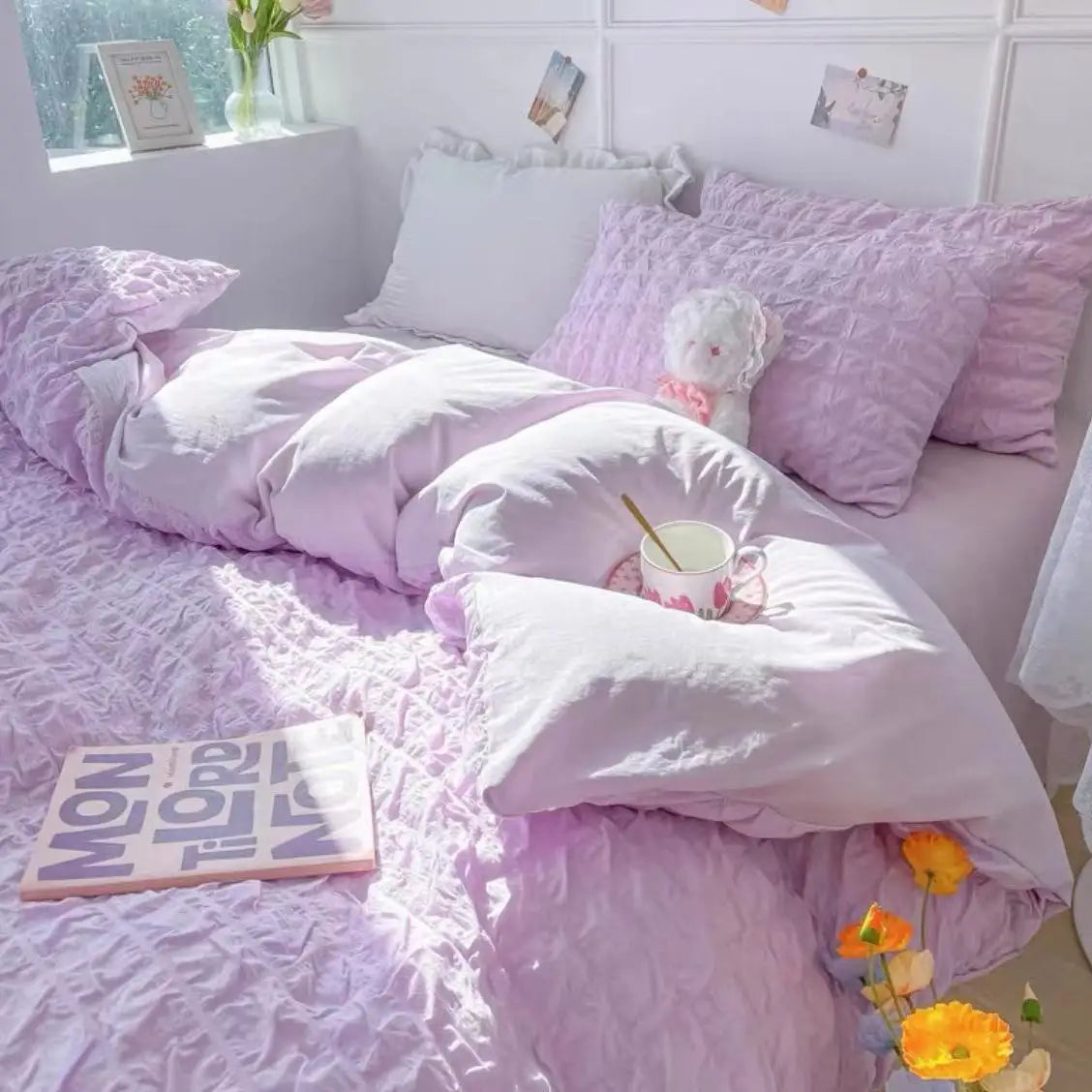 DecorBites™ Princess Bedding Set - French Style Wash Cotton, Solid Color Summer Soft Set