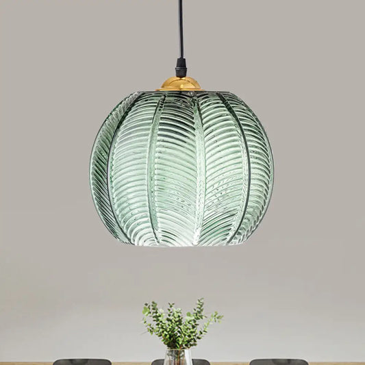 DecorBites™ Pumpkin Dinette Pendant Lamp Green Ribbed Glass 1 Head Retro Style Hanging Light Kit
