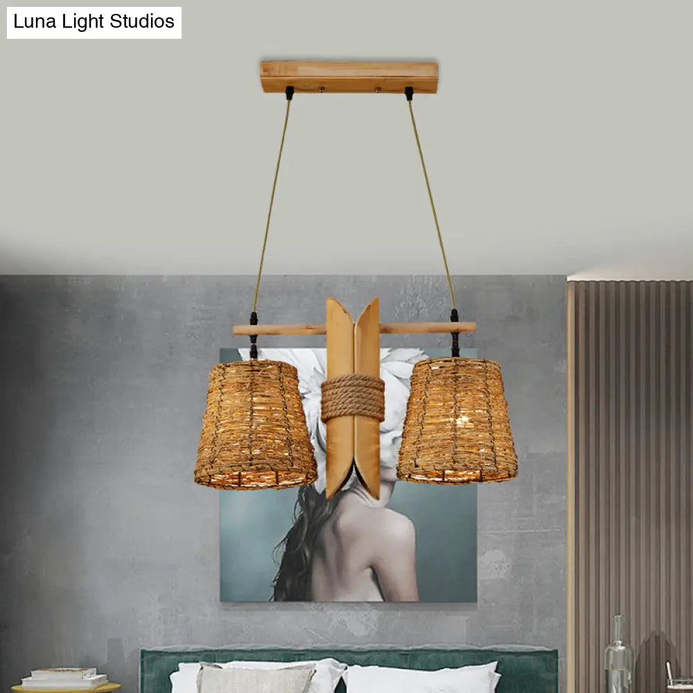 DecorBites™ Rattan Conic Restaurant Pendant Lamp with 2 Beige Heads and Bamboo Tube Decoration