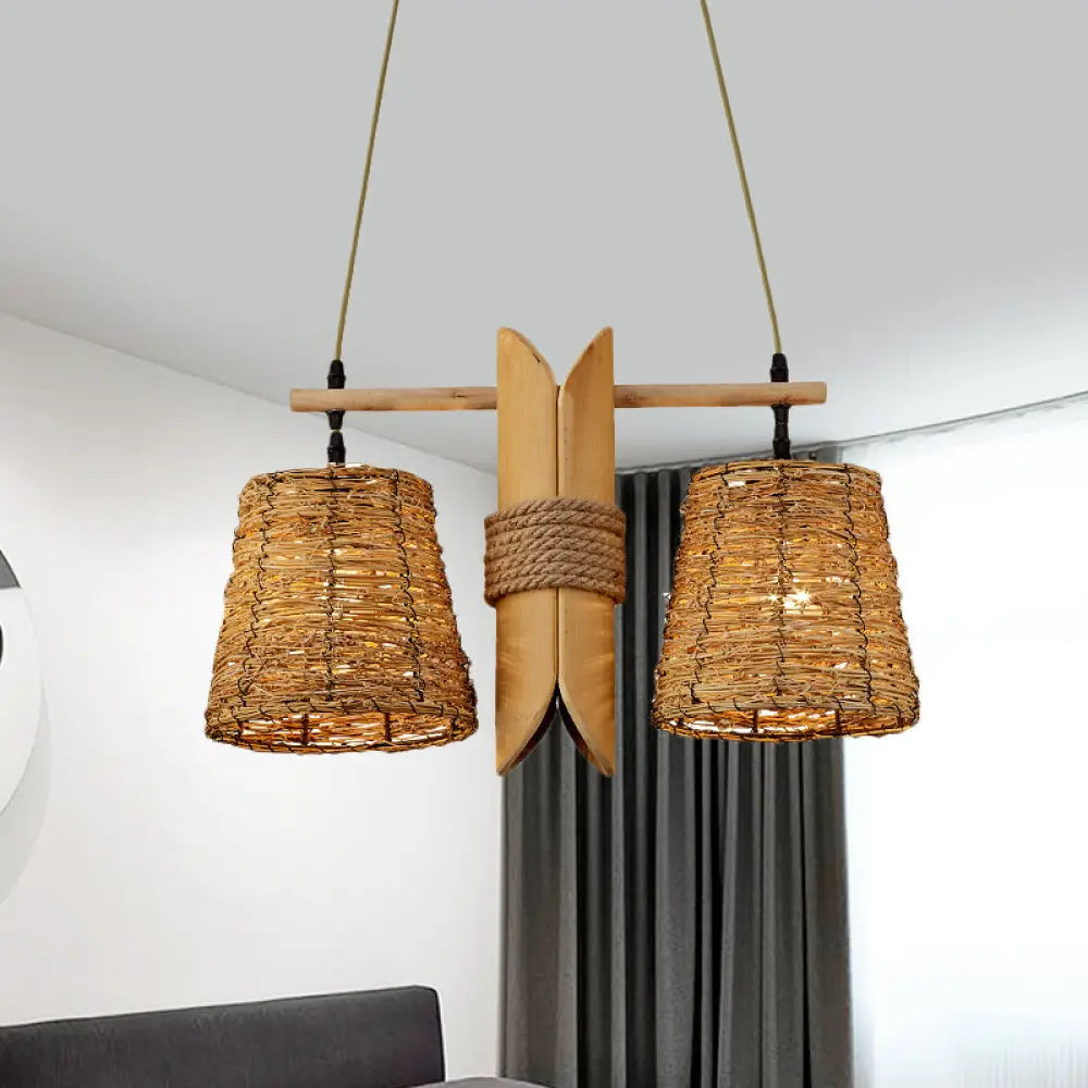 DecorBites™ Rattan Conic Restaurant Pendant Lamp with 2 Beige Heads and Bamboo Tube Decoration