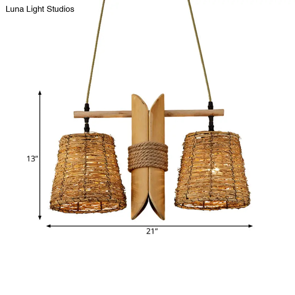 DecorBites™ Rattan Conic Restaurant Pendant Lamp with 2 Beige Heads and Bamboo Tube Decoration