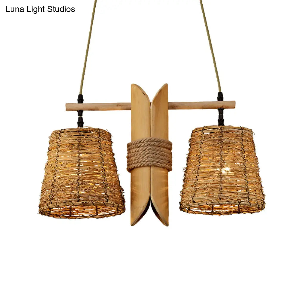 DecorBites™ Rattan Conic Restaurant Pendant Lamp with 2 Beige Heads and Bamboo Tube Decoration