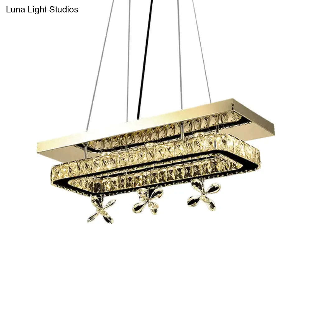 DecorBites™ Rectangle Ring LED Island Light - Elegant Crystal Block Pendant in Chrome with Flower Deco for Restaurants