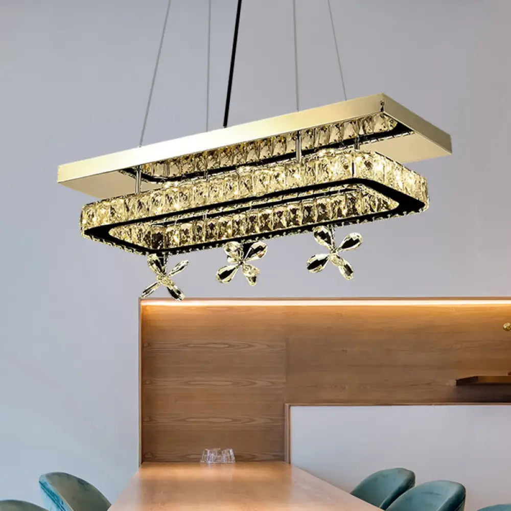 DecorBites™ Rectangle Ring LED Island Light - Elegant Crystal Block Pendant in Chrome with Flower Deco for Restaurants
