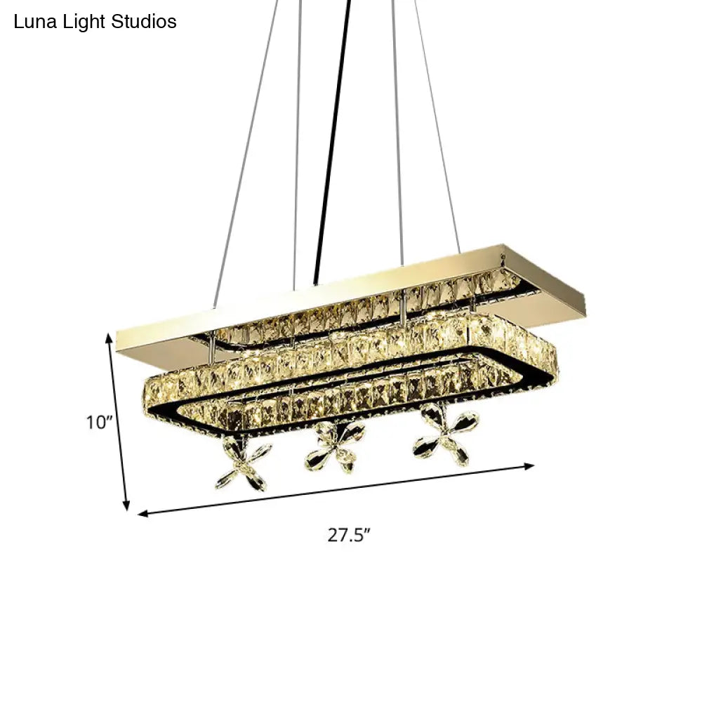 DecorBites™ Rectangle Ring LED Island Light - Elegant Crystal Block Pendant in Chrome with Flower Deco for Restaurants