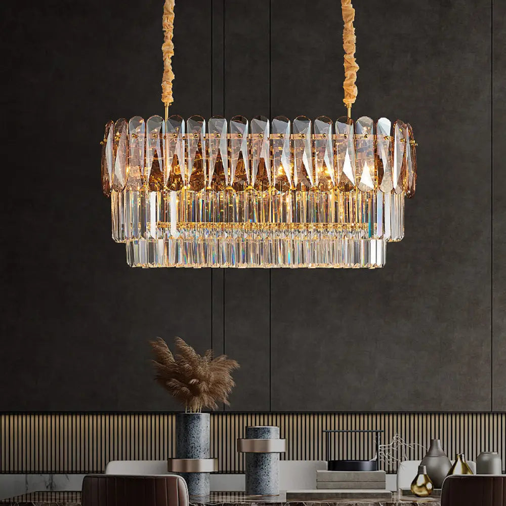 DecorBites™ Rectangular Dining Room Pendant - 3-Tier Amber/Smoke Gray Crystal Block - Contemporary Island Lamp - 12-Light