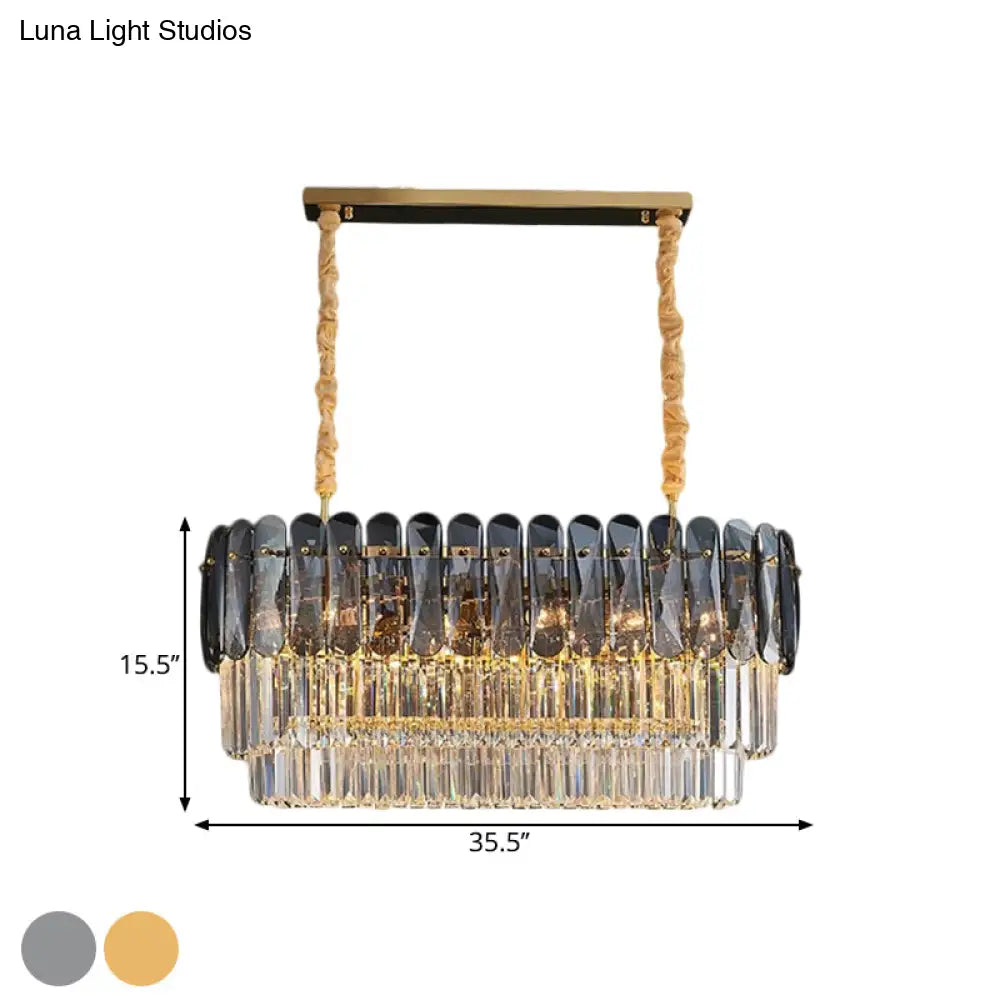 DecorBites™ Rectangular Dining Room Pendant - 3-Tier Amber/Smoke Gray Crystal Block - Contemporary Island Lamp - 12-Light