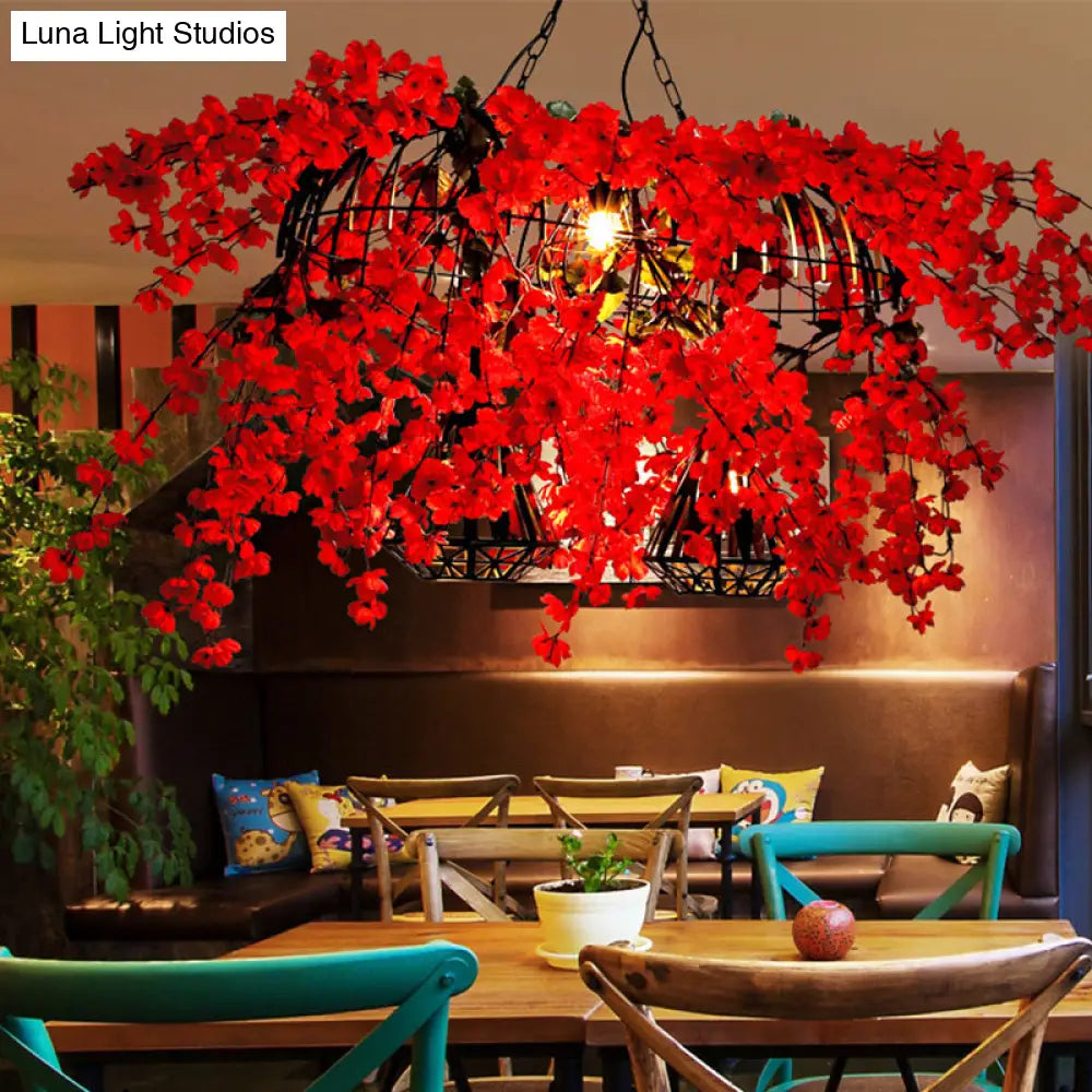 DecorBites™ Red Metal Island Ceiling Light with Diamond Cage - 3-Head Industrial Suspension Lamp