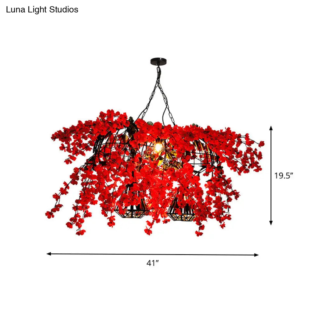 DecorBites™ Red Metal Island Ceiling Light with Diamond Cage - 3-Head Industrial Suspension Lamp