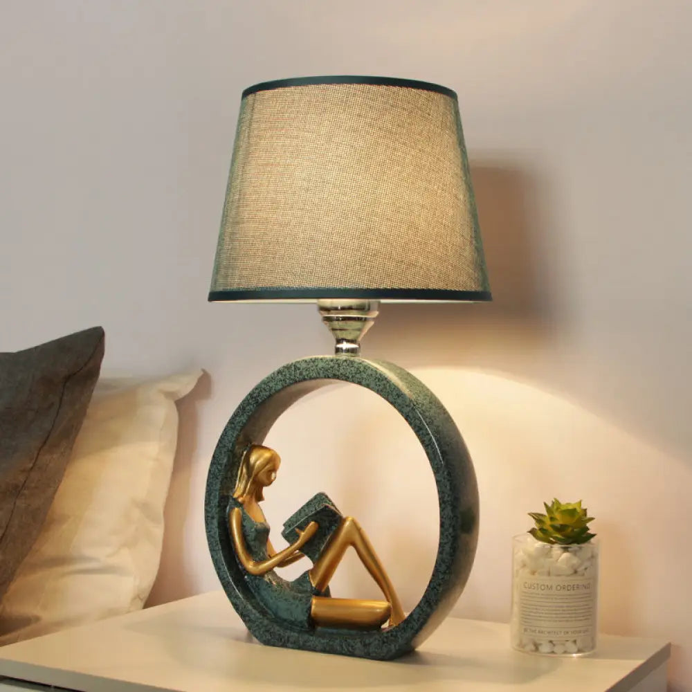 DecorBites™ Resin Night Lamp with Tapered Fabric Shade - Modern Girl Reading Table Lamp in Blue
