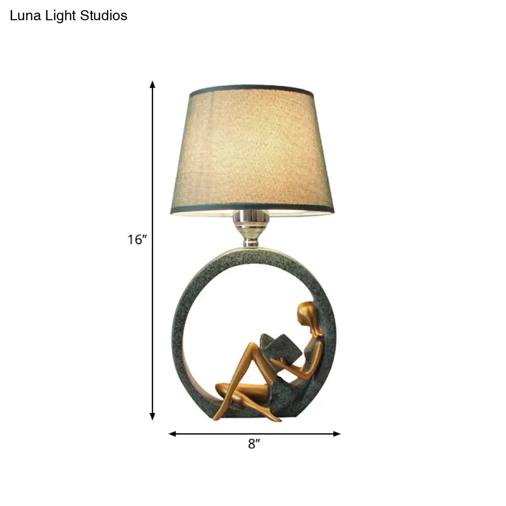 DecorBites™ Resin Night Lamp with Tapered Fabric Shade - Modern Girl Reading Table Lamp in Blue
