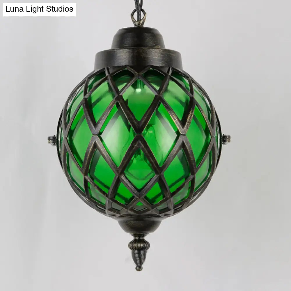 DecorBites™ Restaurant Pendant Lighting: Moroccan Black Ceiling Light with Globe Amber/Green/Purple Glass Shade - 1 Light