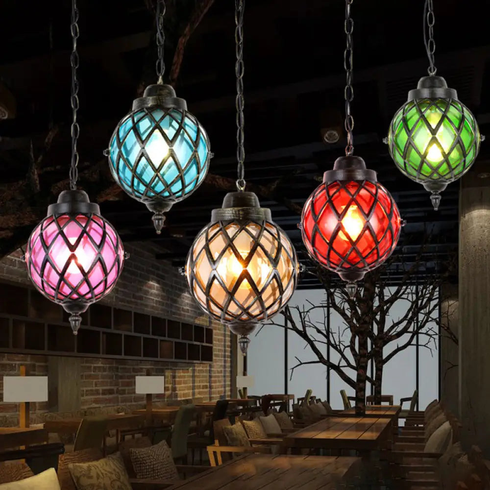 DecorBites™ Restaurant Pendant Lighting: Moroccan Black Ceiling Light with Globe Amber/Green/Purple Glass Shade - 1 Light
