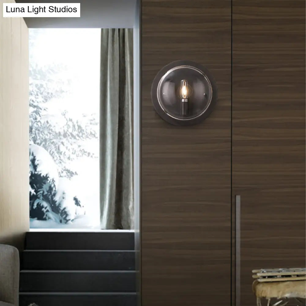 DecorBites™ Retro Black Metal Drum Flush Mount Wall Sconce with Clear Glass Shade - 1 Light Living Room Lamp