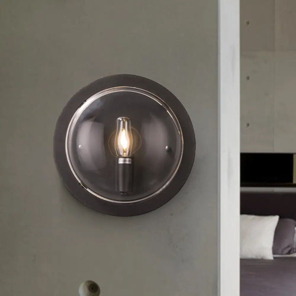 DecorBites™ Retro Black Metal Drum Flush Mount Wall Sconce with Clear Glass Shade - 1 Light Living Room Lamp