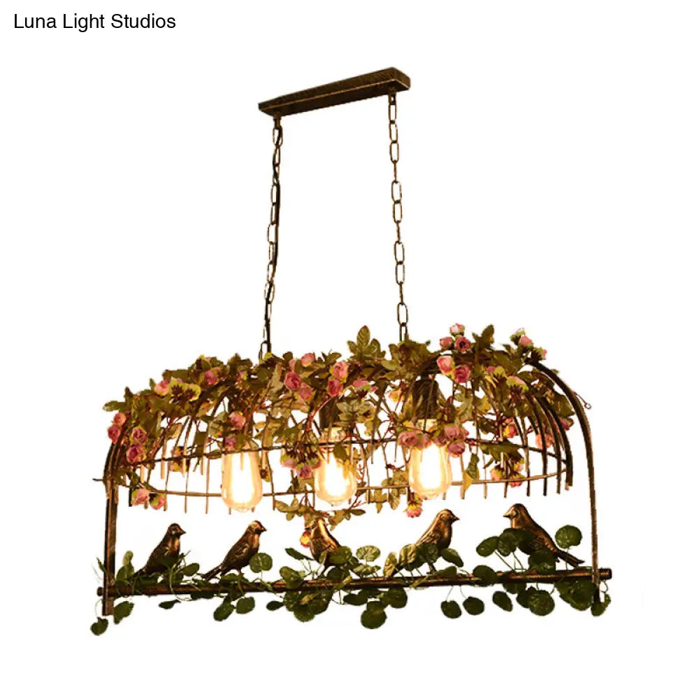 DecorBites™ Retro Metal Birdcage Ceiling Light with Flower Decor - Brass Finish, 2/3/4 Heads - Perfect for Restaurants and Islands