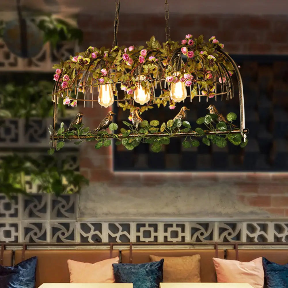 DecorBites™ Retro Metal Birdcage Ceiling Light with Flower Decor - Brass Finish, 2/3/4 Heads - Perfect for Restaurants and Islands