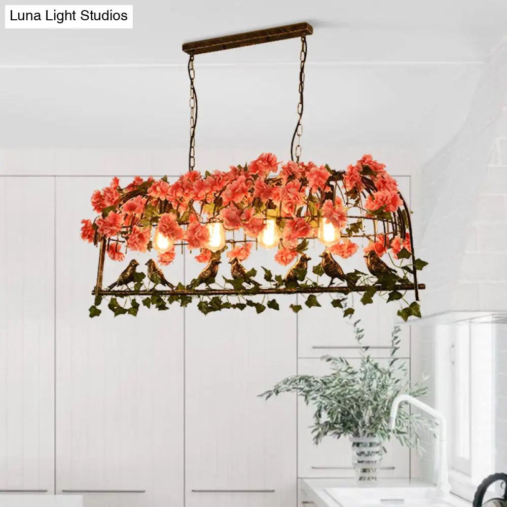DecorBites™ Retro Metal Birdcage Ceiling Light with Flower Decor - Brass Finish, 2/3/4 Heads - Perfect for Restaurants and Islands