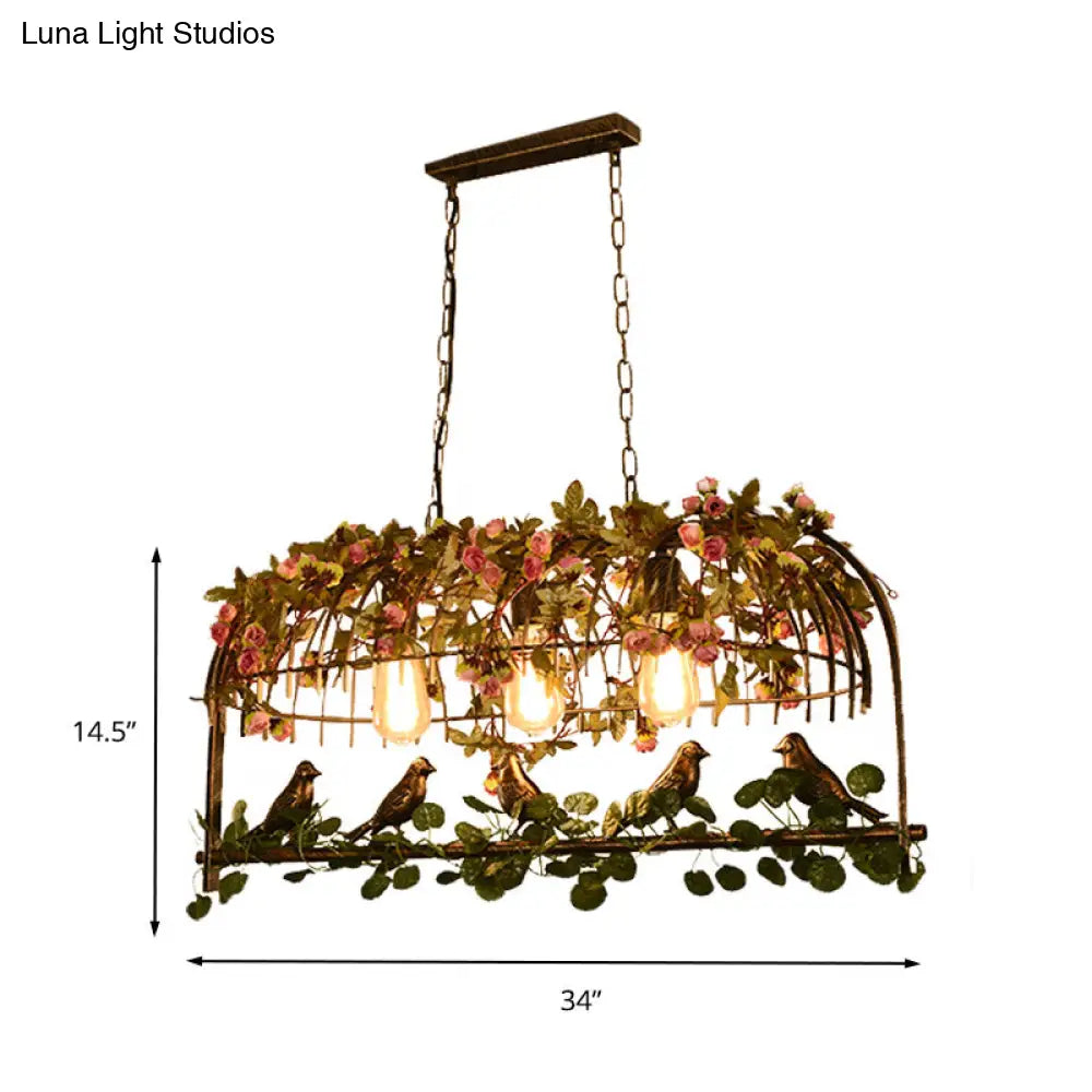 DecorBites™ Retro Metal Birdcage Ceiling Light with Flower Decor - Brass Finish, 2/3/4 Heads - Perfect for Restaurants and Islands