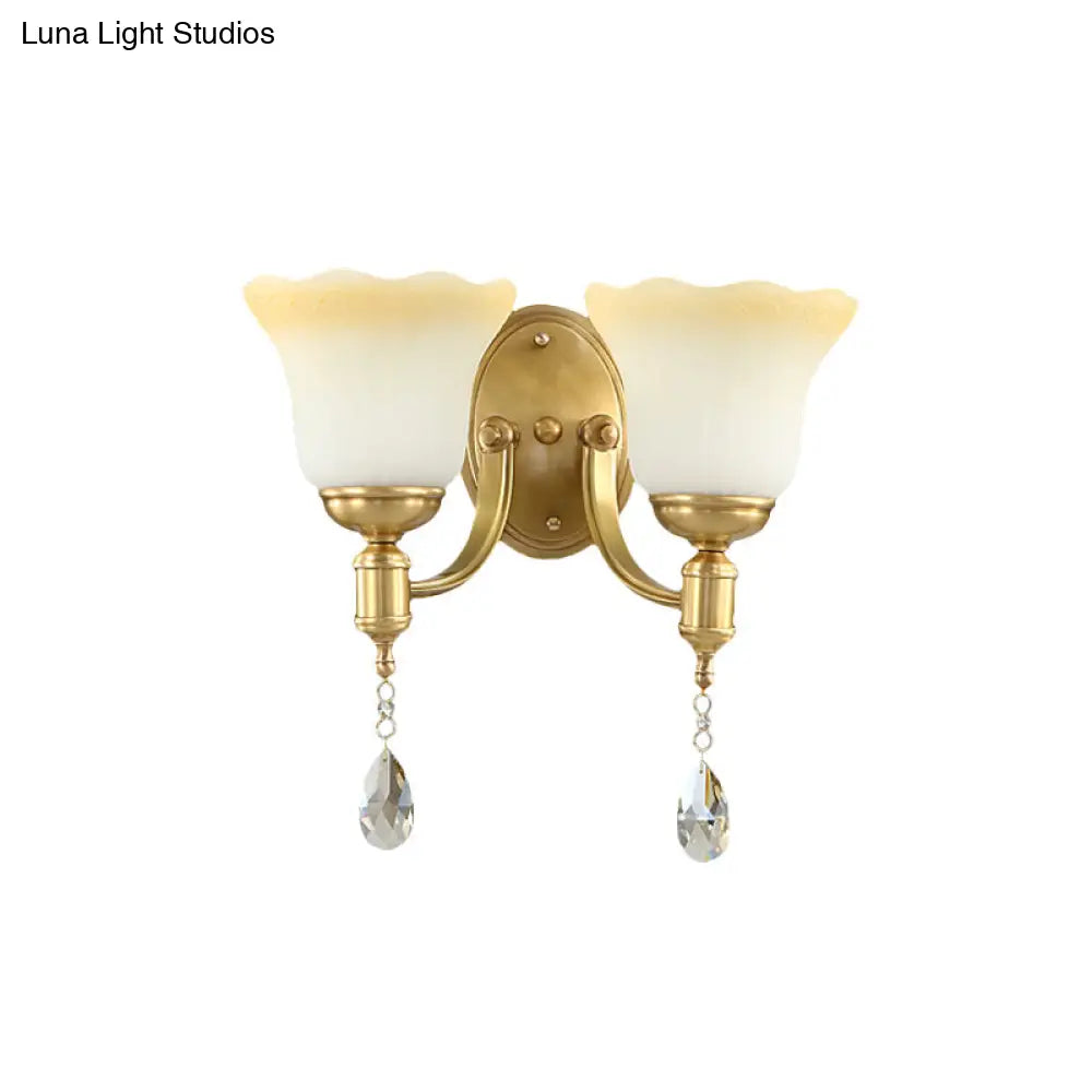 DecorBites™ Retro Style 1/2-Head Gold Wall Lamp with Crystal Drop - Blossom Opaque Glass Wall Lighting