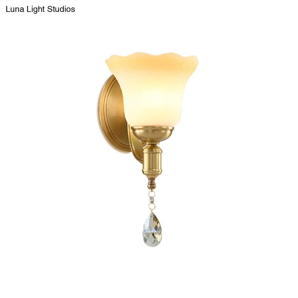 DecorBites™ Retro Style 1/2-Head Gold Wall Lamp with Crystal Drop - Blossom Opaque Glass Wall Lighting