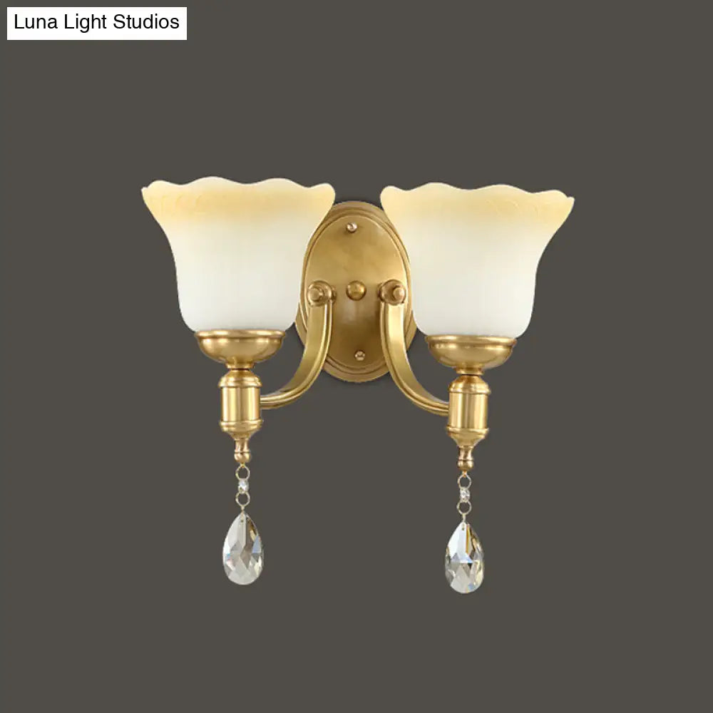 DecorBites™ Retro Style 1/2-Head Gold Wall Lamp with Crystal Drop - Blossom Opaque Glass Wall Lighting