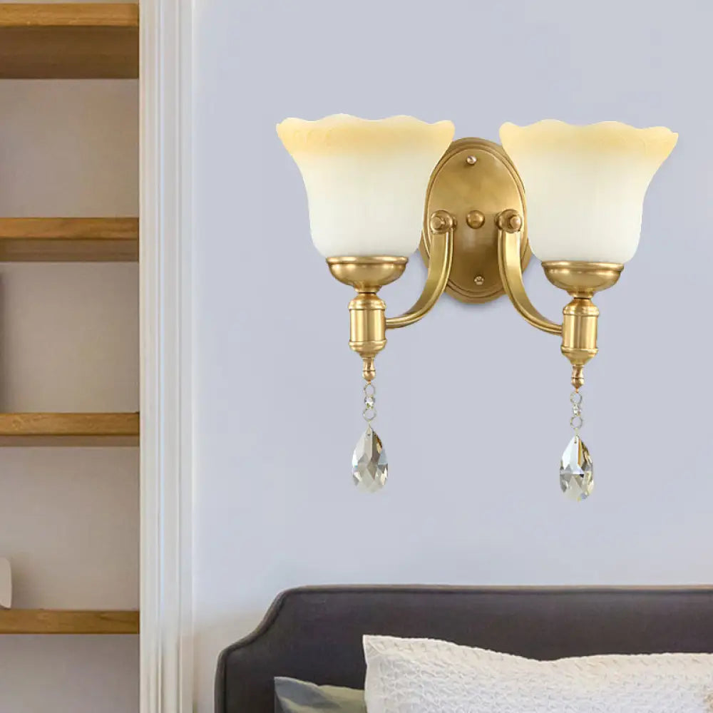 DecorBites™ Retro Style 1/2-Head Gold Wall Lamp with Crystal Drop - Blossom Opaque Glass Wall Lighting