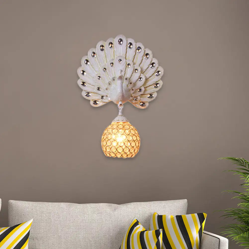 DecorBites™ Retro Stylish Wall Sconce with Clear Crystal and Peacock Backplate in Silver/White