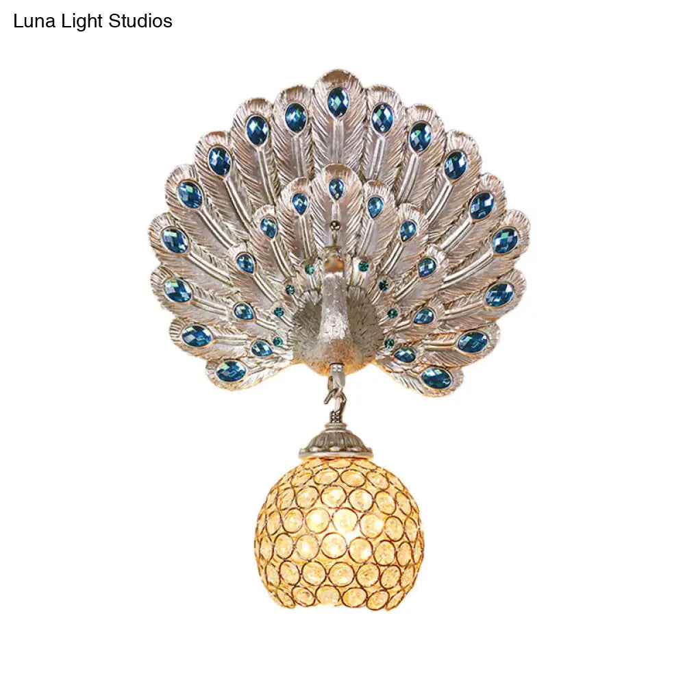 DecorBites™ Retro Stylish Wall Sconce with Clear Crystal and Peacock Backplate in Silver/White
