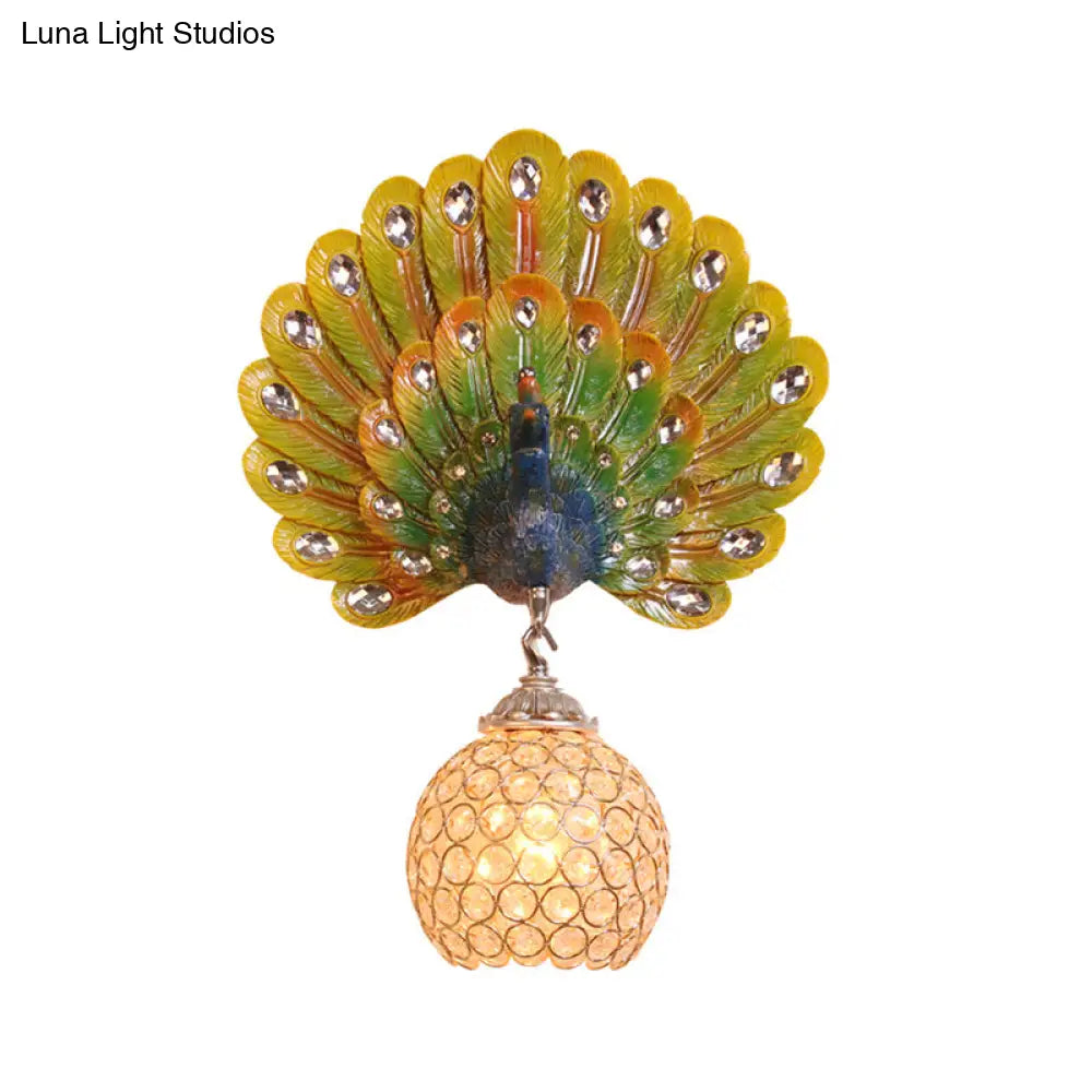 DecorBites™ Retro Stylish Wall Sconce with Clear Crystal and Peacock Backplate in Silver/White