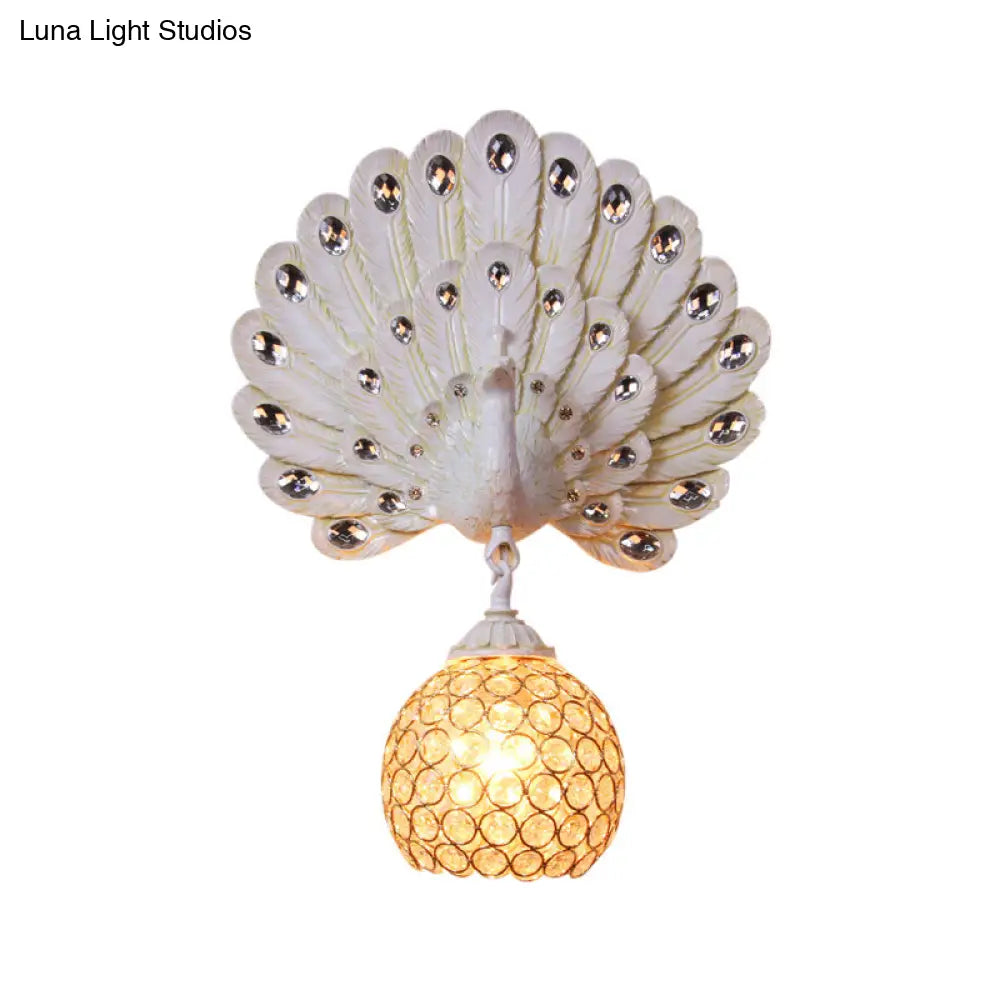 DecorBites™ Retro Stylish Wall Sconce with Clear Crystal and Peacock Backplate in Silver/White