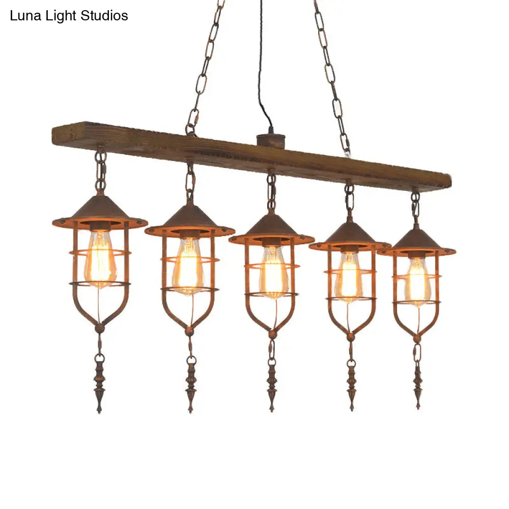 DecorBites™ Retro Wood Island Ceiling Light: 5-Light Fixture with Iron Cage