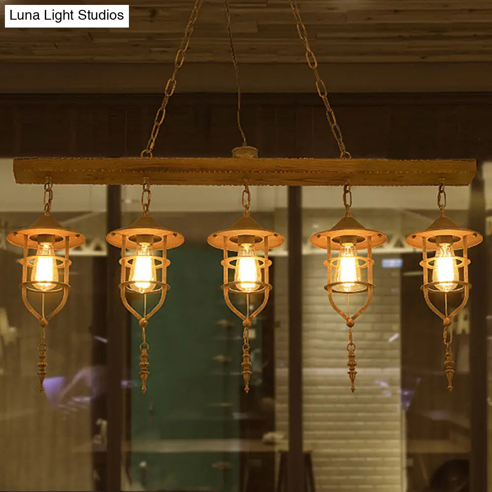 DecorBites™ Retro Wood Island Ceiling Light: 5-Light Fixture with Iron Cage