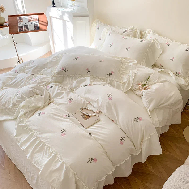 DecorBites™ Rose Embroidered Duvet Cover Set, Princess Style