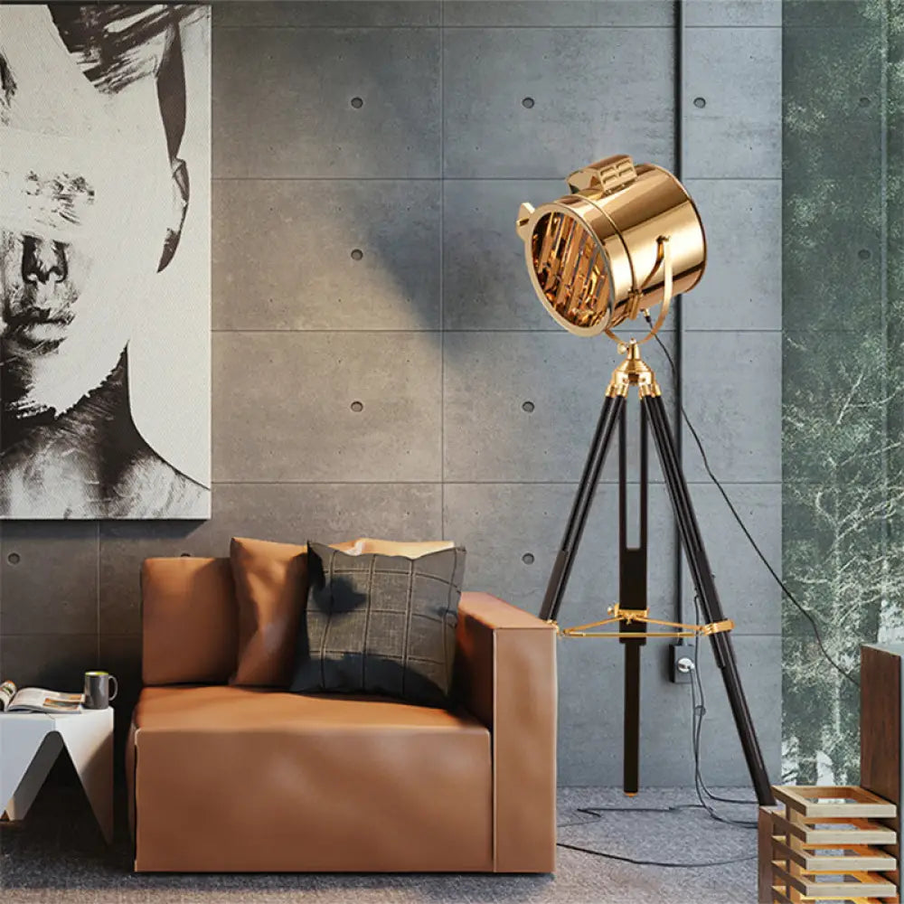 DecorBites™ Rotatable Cylinder Metal Shade Floor Light - Tripod Design, Industrial Style, 1-Light, Indoor Standing Lamp - Black
