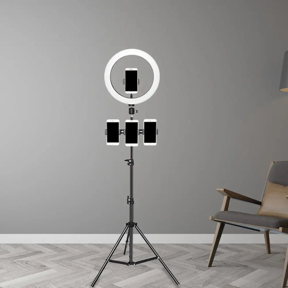 DecorBites™ Round Metal Mobile Phone Holder with LED Fill Light in Black: Minimalist Design