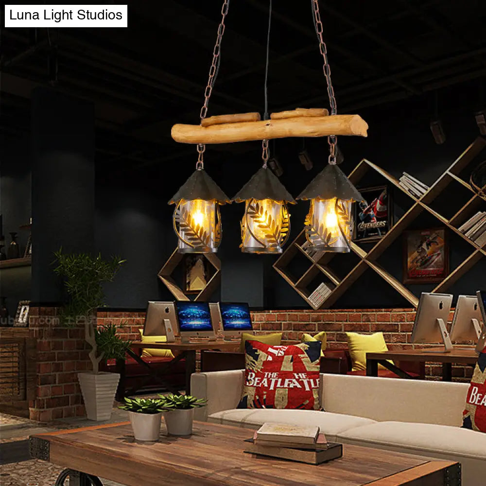 DecorBites™ Rustic 3-Head Pendant Lamp with Leaf Design and Wooden Beam - Lantern Island Lighting