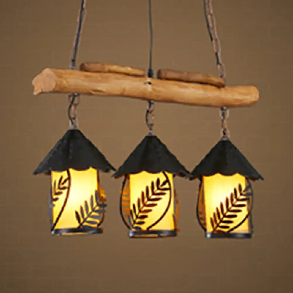 DecorBites™ Rustic 3-Head Pendant Lamp with Leaf Design and Wooden Beam - Lantern Island Lighting