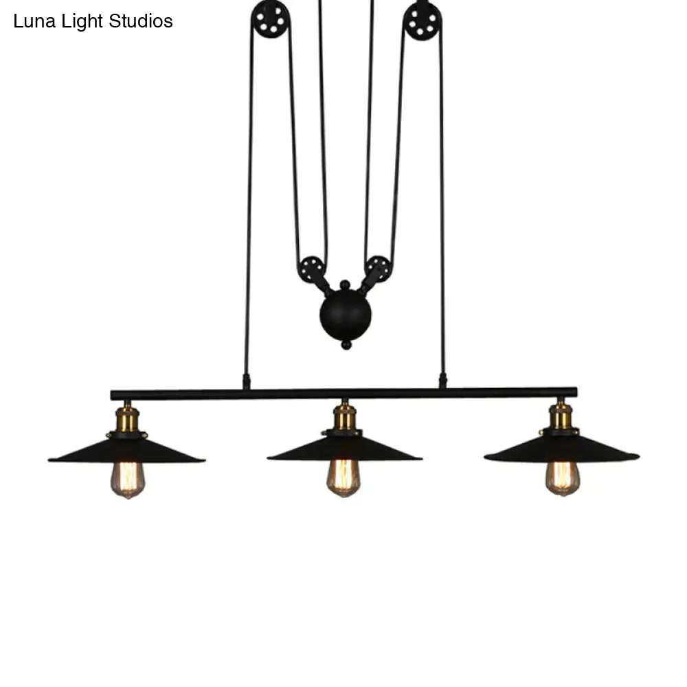 DecorBites™ Rustic 3-Head Pendant Light with Black Flared Shade, Pulley and Metallic Finish - Perfect for Your Dining Room Island!