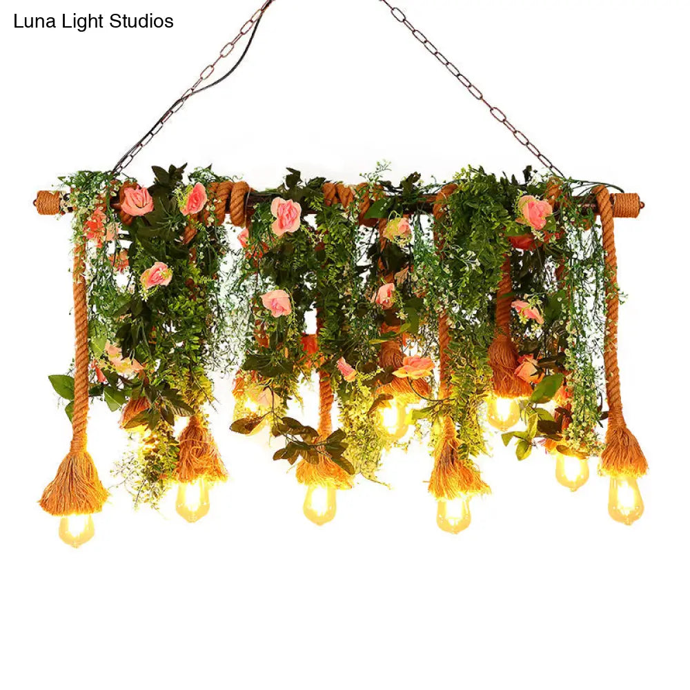 DecorBites™ Rustic Brown Hemp Rope Island Light with 10 Exposed Bulbs, Plant Decoration