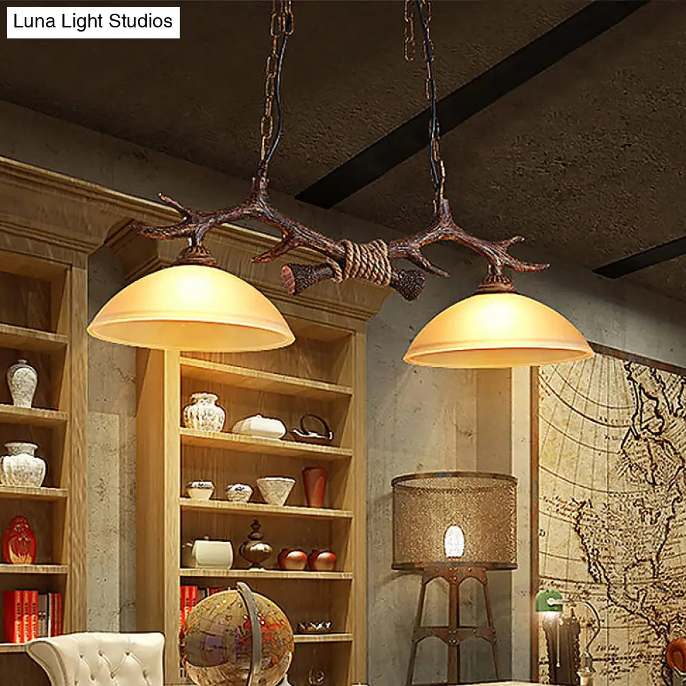 DecorBites™ Rustic Glass Hanging Lamp with Wood and Rope Accents - Bowl Shade Pendant (Amber, 2 Bulbs)
