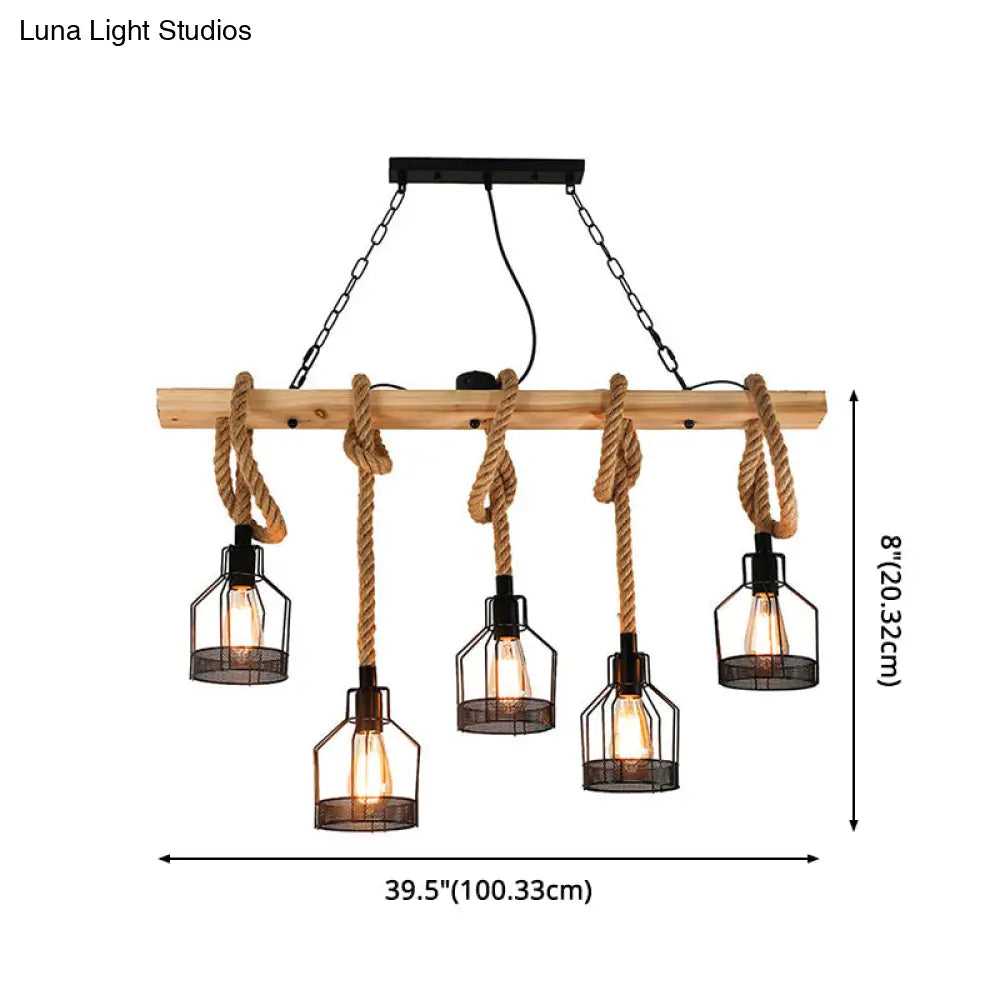 DecorBites™ Rustic Hemp Rope Chandelier - Retro Industrial Pendant with Wire Cage for Restaurants